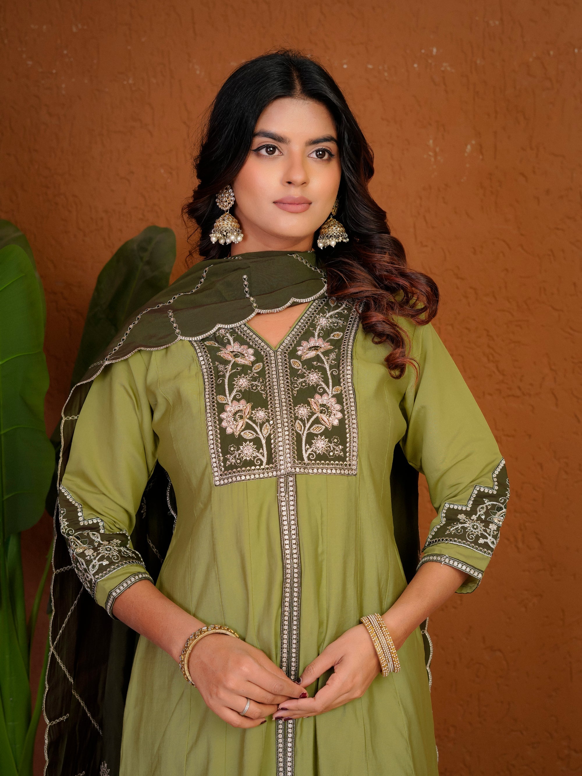 Lorenvalley Fashion Pista Roman Silk Multi Embroidery Thread With Beautiful Hand Work Kurta Palazzo Dupatta