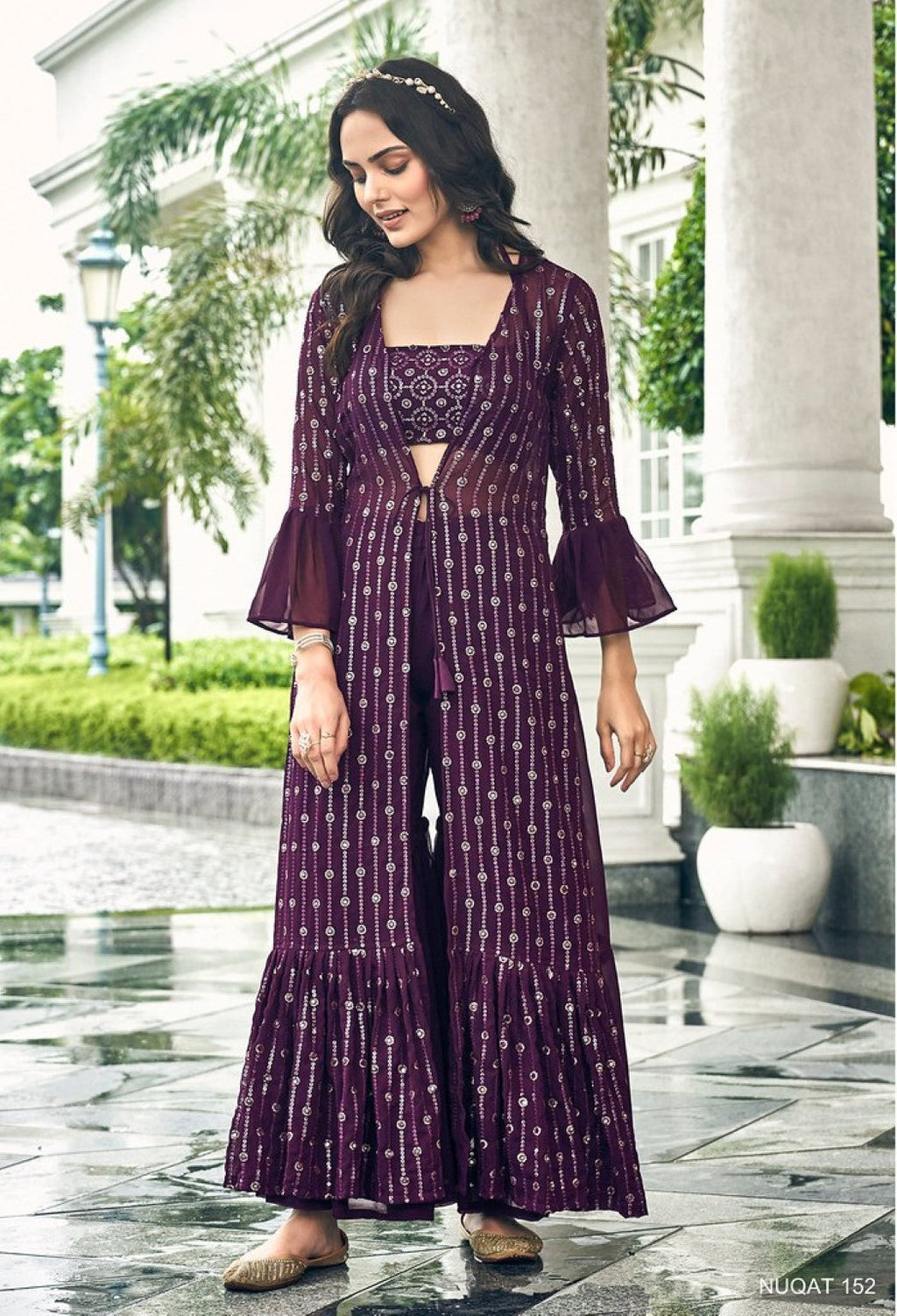 Anaita Purple Georgette Stitched Shrug Suit With Sequence Thread Work
