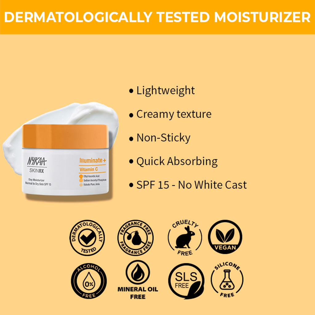 Nykaa SkinRX Illuminate+ Vitamin C Day Moisturizer SPF 15 for Radiant, Hydrated Normal to Dry Skin