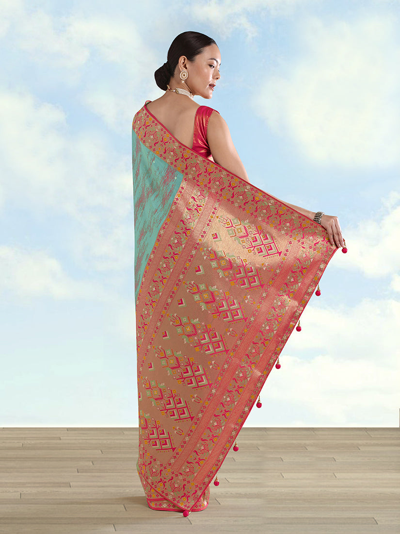 Monjolika Fashion Sky Blue Color Banarasi Tissue Silk Paithani Woven Saree