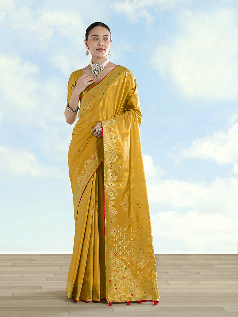 Monjolika Fashion Mustard Color Paisley Zari Woven Banarasi Tissue Silk Saree