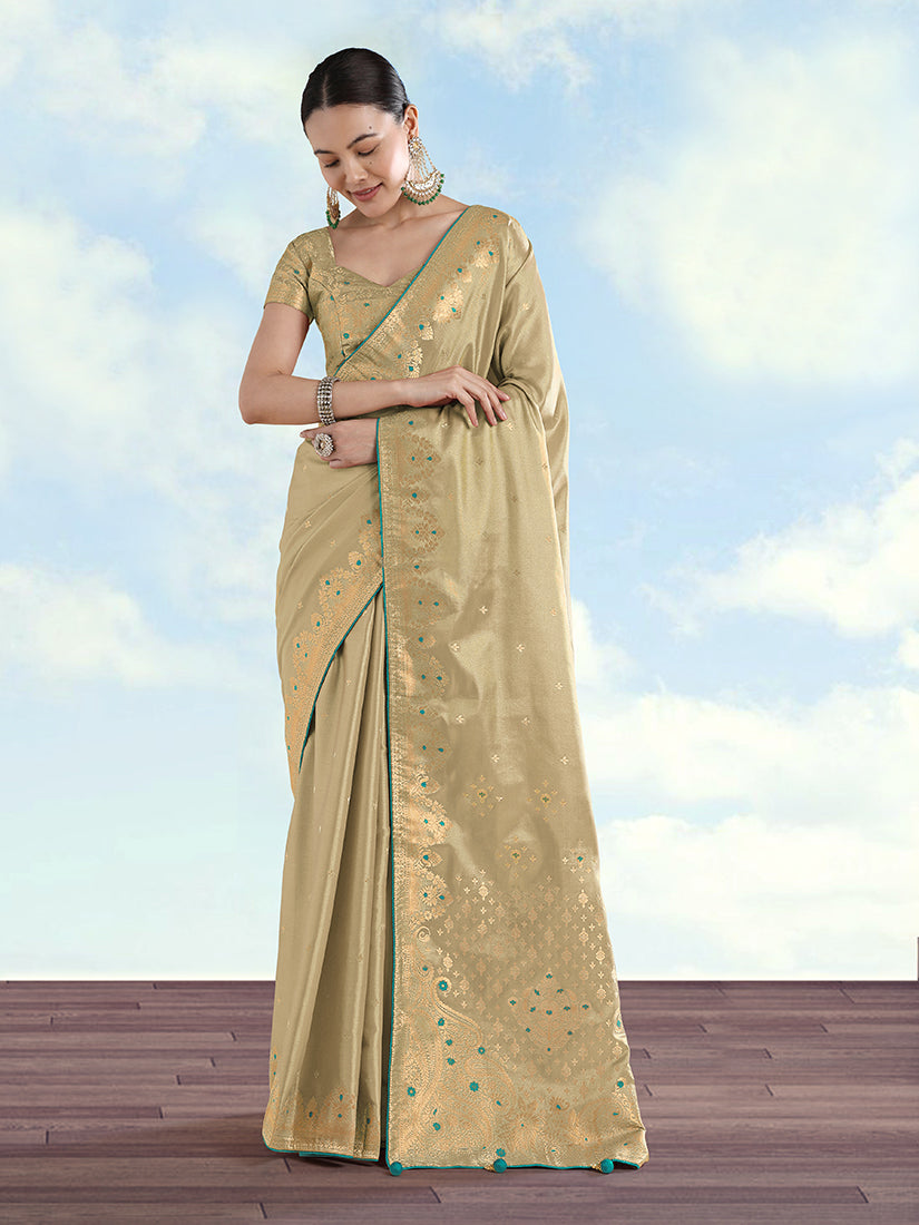Monjolika Fashion Cream Color Paisley Zari Woven Banarasi Tissue Silk Saree