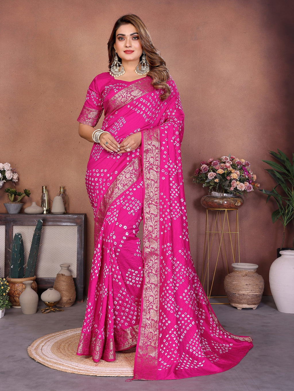 Anaita Pink Handmade Bandhej Viscose Silk Saree With Blouse