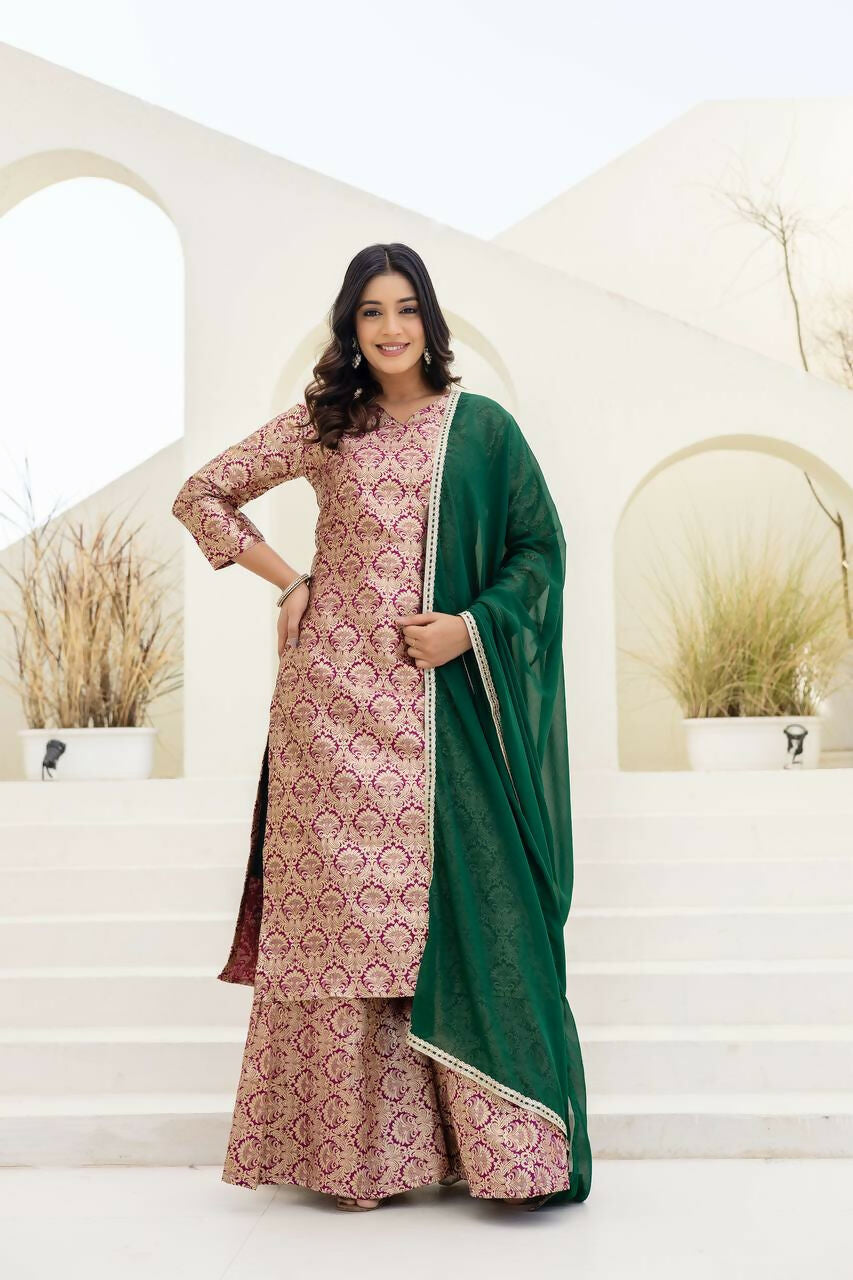 Joban Fashion Peach Jacquard Embroidered Sharara Set