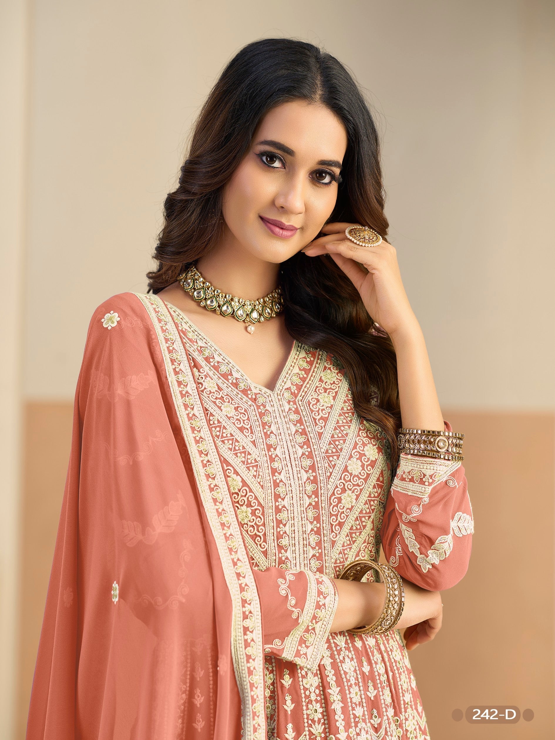 Anaita Light Orange Heavy Embroidered Faux Georgette Anarkali Suit With Salwar