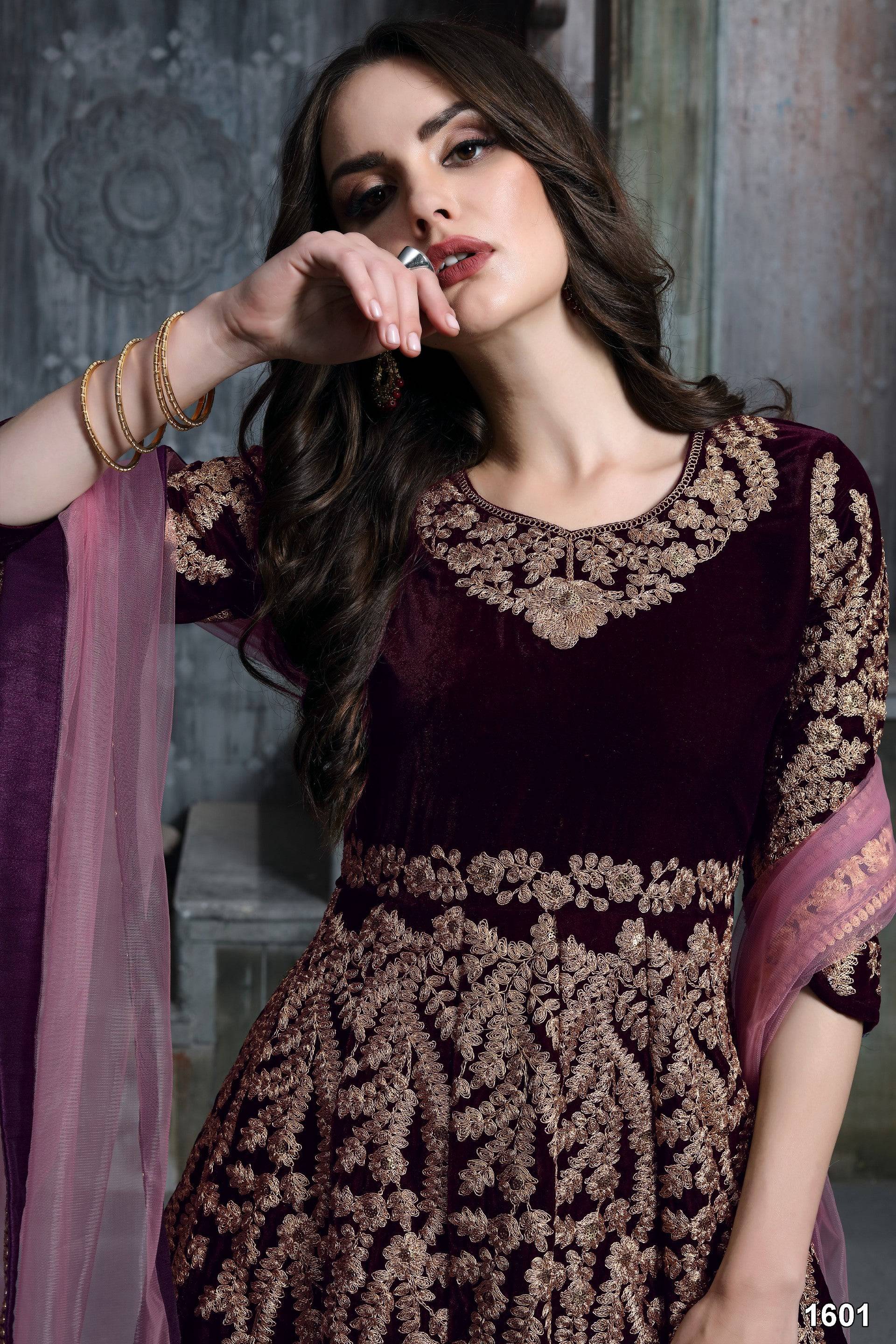 Anaita Dark Purple Embroidered Velvet Patiala Suit