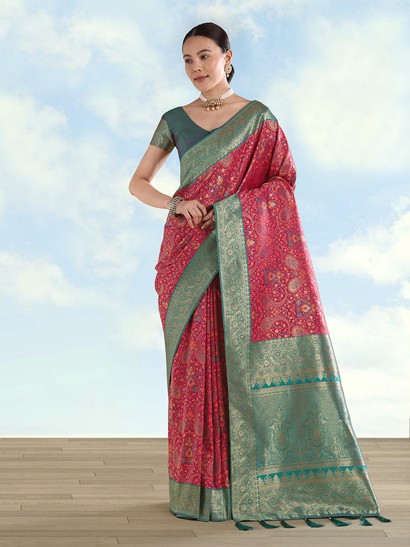 Monjolika Fashion Rani Pink Banarasi Silk Saree With Traditional Paisley Weaves
