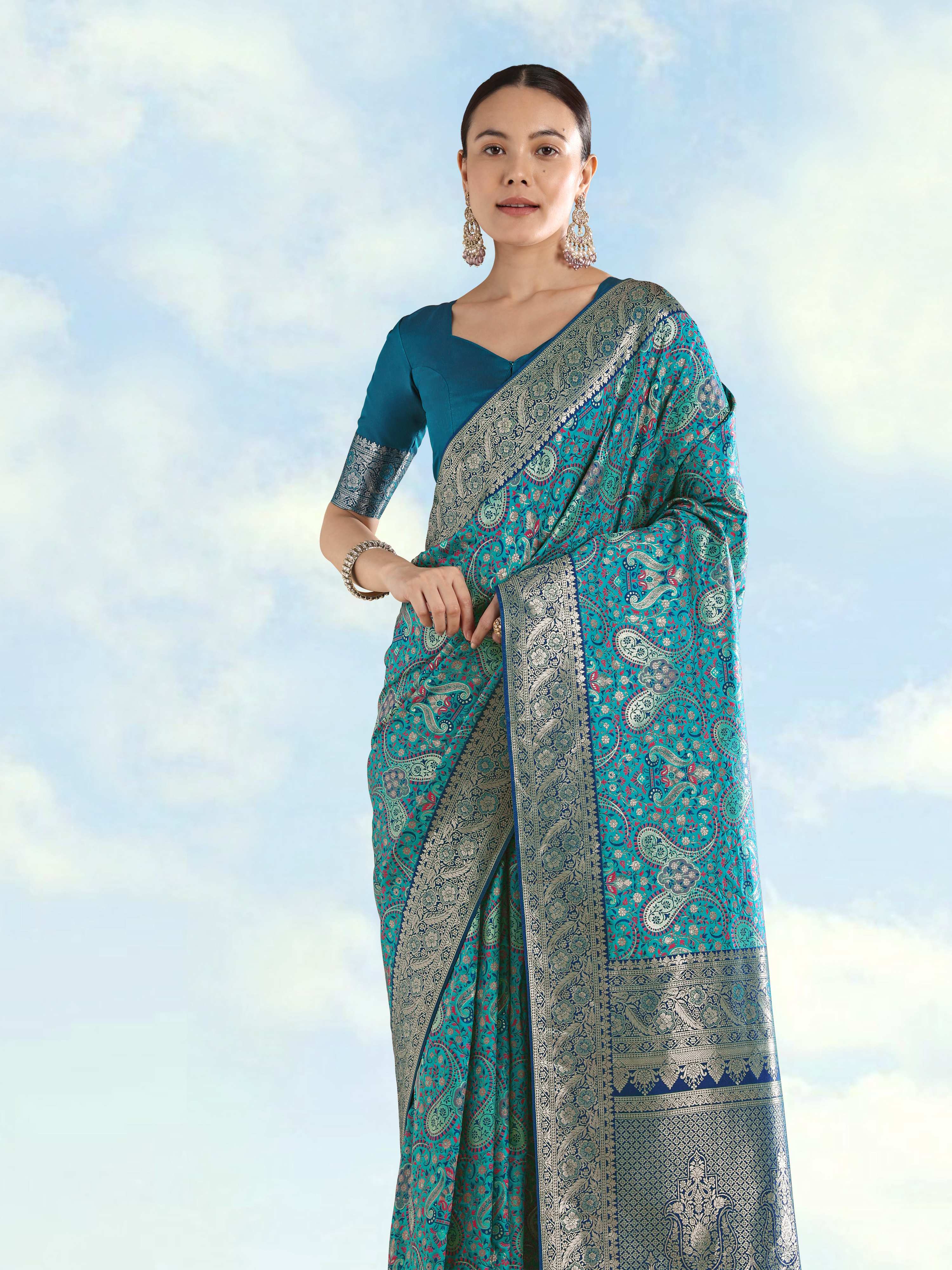Monjolika Fashion Turquoise Banarasi Silk Saree With Traditional Paisley Weaves