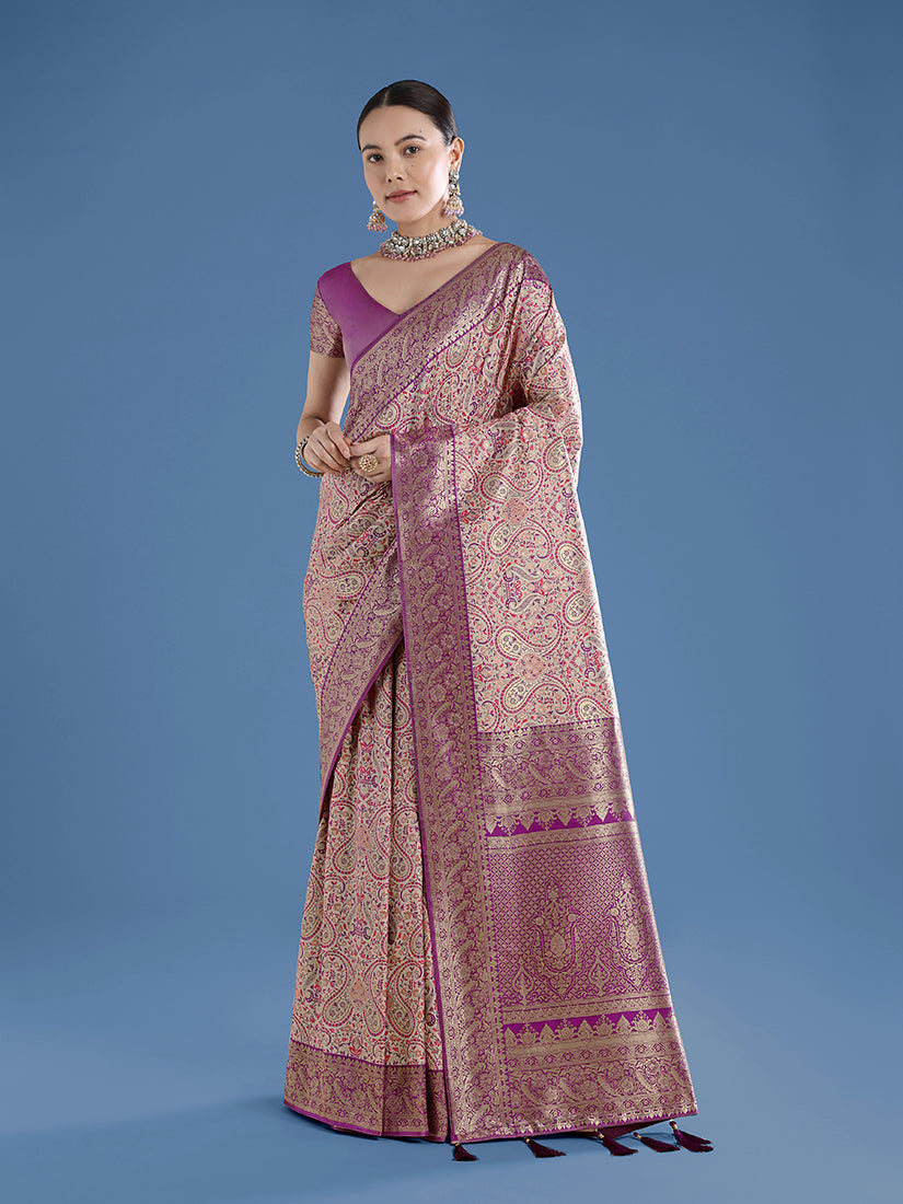 Monjolika Fashion Beige Banarasi Silk Saree With Traditional Paisley Weaves