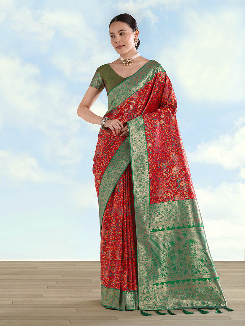 Monjolika Fashion Red Banarasi Silk Saree With Traditional Paisley Weaves