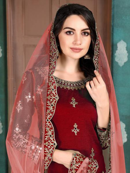 Myra Red Art Silk Embroidered Patiyala Suit