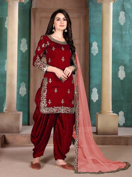 Myra Red Art Silk Embroidered Patiyala Suit
