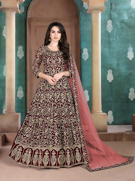 Myra Maroon Georgette Embroidered Anarkali Suit