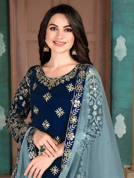 Myra Navy BlueArt Silk Embroidered Patiyala Suit