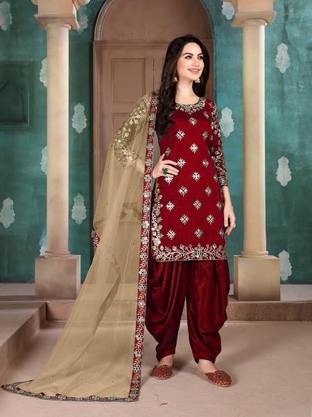 Myra Red Blue Art Silk Embroidered Patiyala Suit