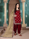 Myra Red Blue Art Silk Embroidered Patiyala Suit