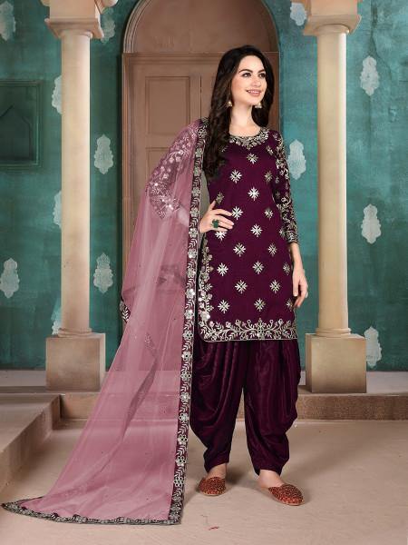 Myra Wine Art Silk Embroidered Patiyala Suit
