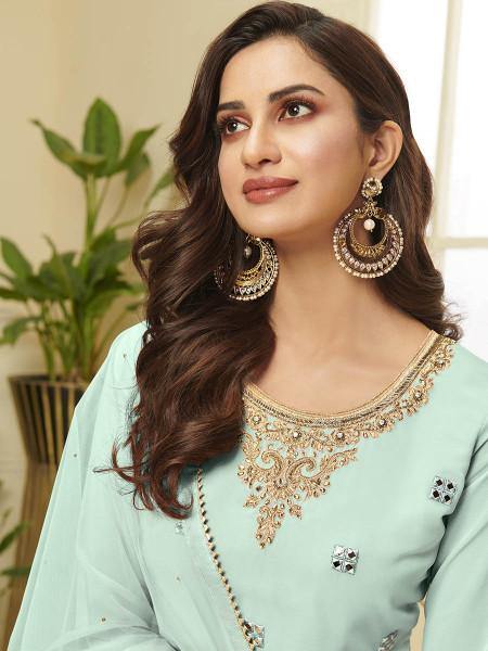 Myra Aqua Blue Georgette Embroidered Palazzo Suit