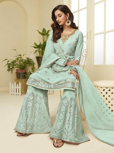 Myra Aqua Blue Georgette Embroidered Palazzo Suit