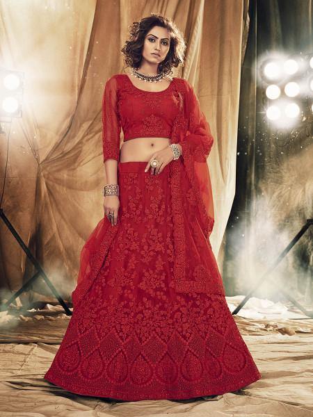 Myra Red Heavy Embroidered Net bridal Lehenga