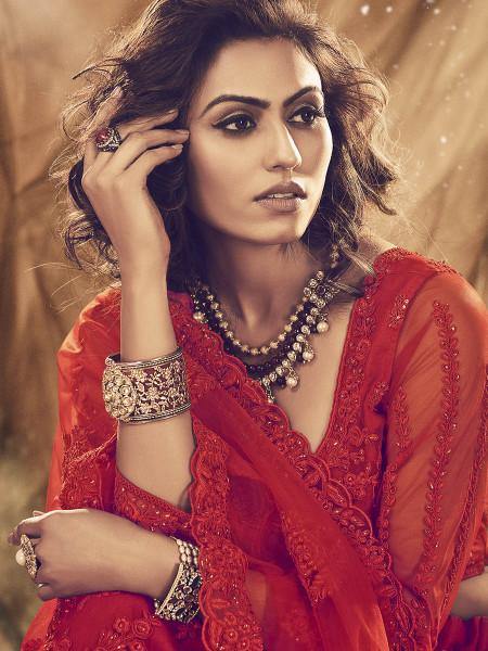 Myra Red Heavy Embroidered Net bridal Lehenga