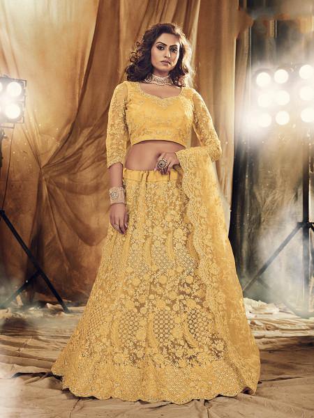 Myra Musturd Yellow Heavy Embroidered Net bridal Lehenga