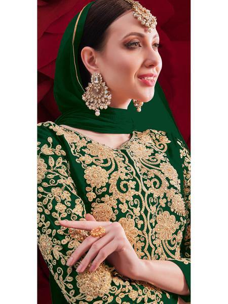 Myra Green Georgette Embroidered Anarkali Pant Style Suit