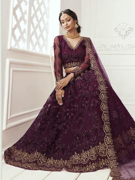 Myra Wine Heavy Embroidered Net bridal Lehenga