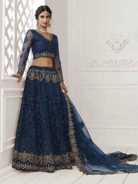 Myra Deep Blue Heavy Embroidered Net bridal Lehenga