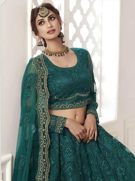 Myra Rama Green Heavy Embroidered Net bridal Lehenga