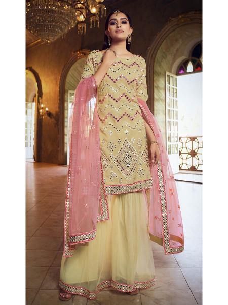 Myra Beige Heavy Embroidered Gharara Sui