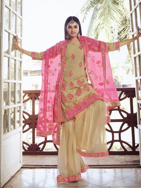 Myra Beige Heavy Embroidered Gharara Suit