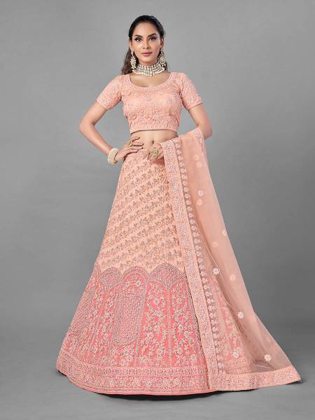 Myra Peach Heavy Embroidered Soft Net bridal Lehenga