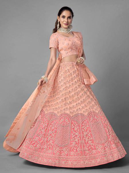 Myra Peach Heavy Embroidered Soft Net bridal Lehenga
