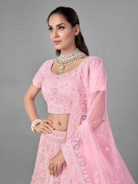 Myra Pink Heavy Embroidered Soft Net bridal Lehenga