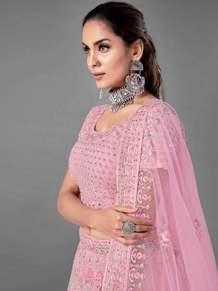 Myra Pink Heavy Embroidered Soft Net bridal Lehenga
