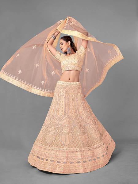 Myra Peach Heavy Embroidered Soft Net bridal Lehenga