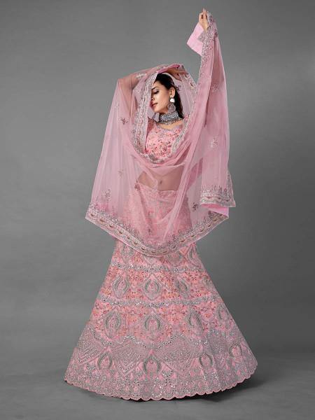 Myra Pink Heavy Embroidered Soft Net bridal Lehenga