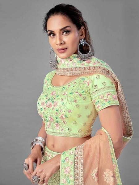 Myra Pista Heavy Embroidered Soft Net bridal Lehenga