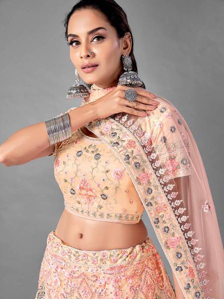 Myra Peach Heavy Embroidered Soft Net bridal Lehenga