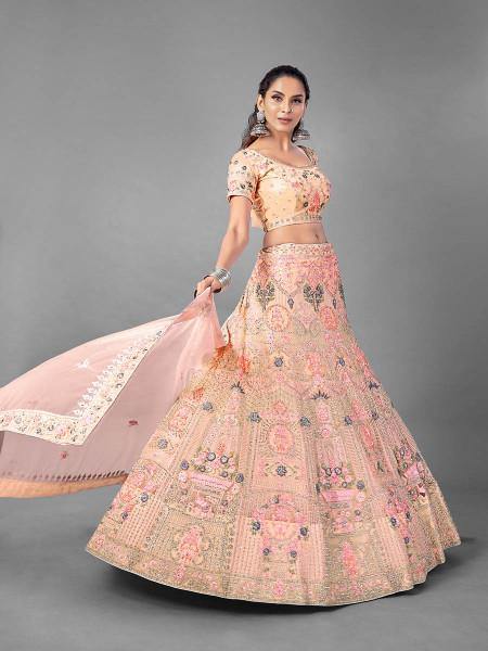 Myra Peach Heavy Embroidered Soft Net bridal Lehenga