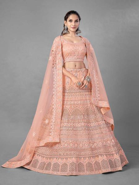 Myra Peach Heavy Embroidered Soft Net bridal Lehenga