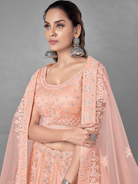 Myra Peach Heavy Embroidered Soft Net bridal Lehenga