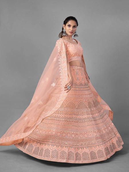 Myra Peach Heavy Embroidered Soft Net bridal Lehenga