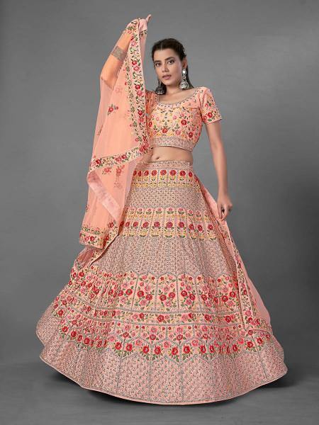 Myra Peach Heavy Embroidered Art Silk bridal Lehenga