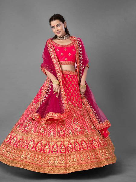 Myra Pink Heavy Embroidered Satin bridal Lehenga