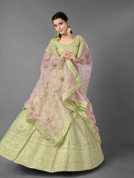 Myra Pista Heavy Embroidered Art Silk bridal Lehenga