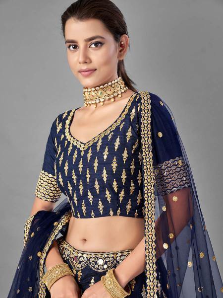 Myra Navy Blue Heavy Embroidered Art Silk bridal Lehenga