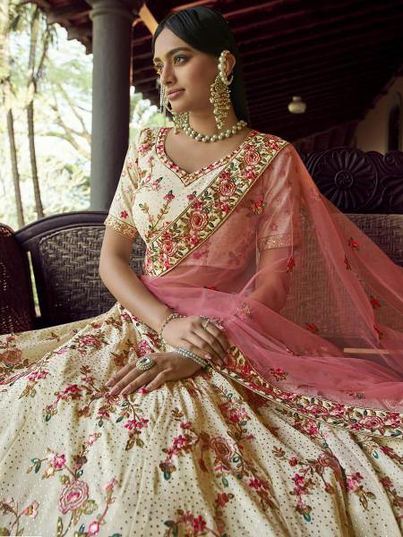 Myra Beautiful Off White Heavy Embroidered Georgette Bridal Lehenga