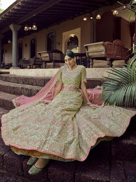 Myra Green Heavy Embroidered Georgette bridal Lehenga